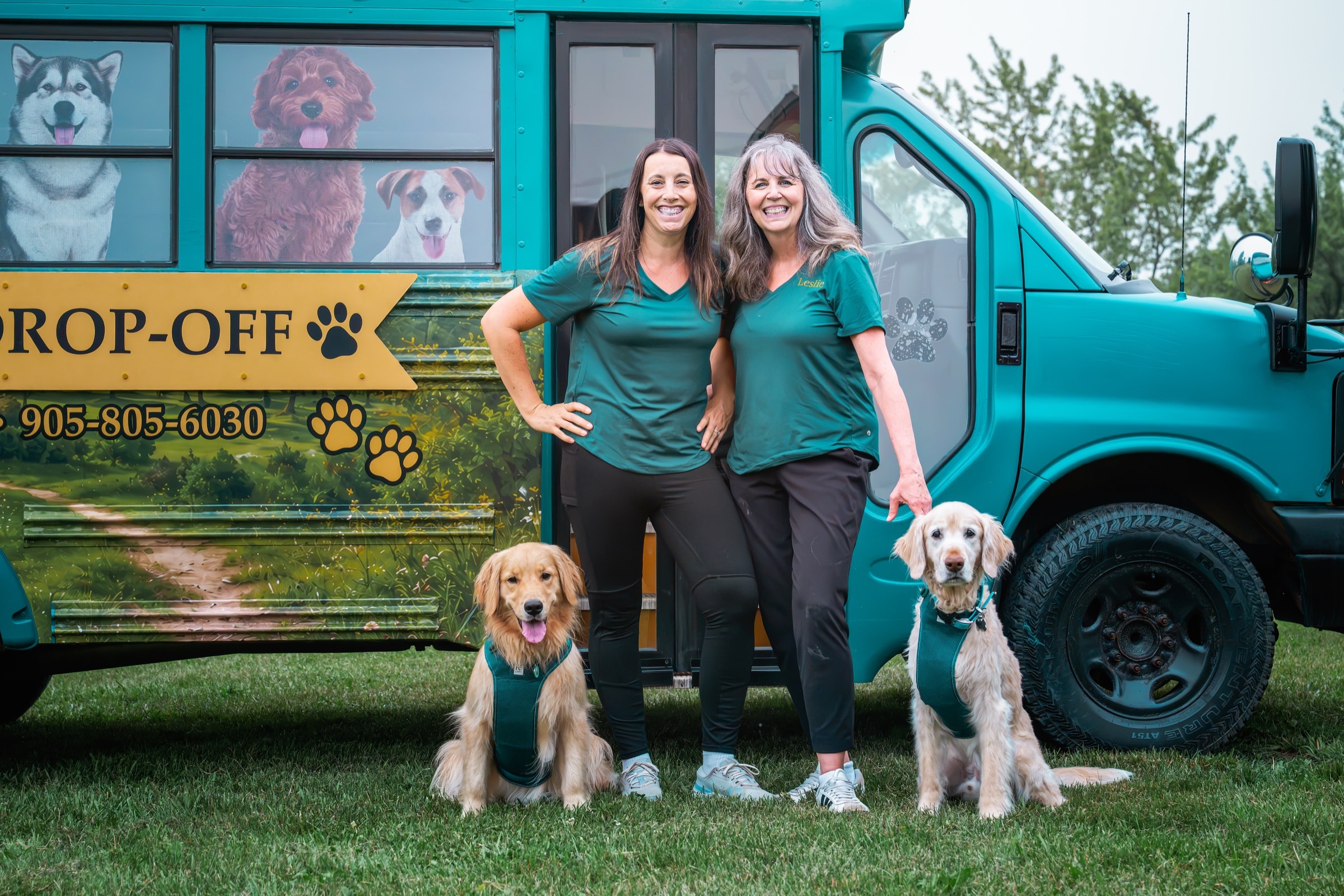 Golden Girls with dogs at the adventure bus